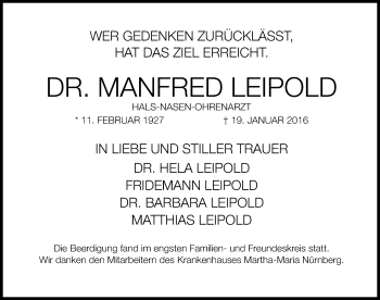 Traueranzeige von Manfred Leipold von Gesamtausgabe Nürnberger Nachrichten/ Nürnberger Ztg.
