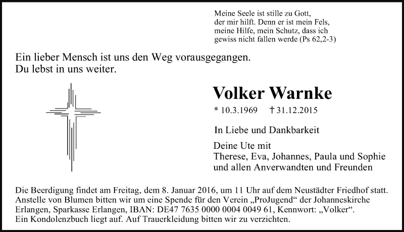  Traueranzeige für Volker Warnke vom 04.01.2016 aus Erlanger Nachrichten Lokal