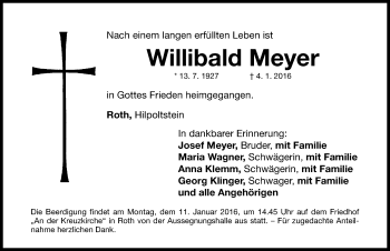 Traueranzeige von Willibald Meyer von Roth-Hilpoltsteiner Volkszeitung Lokal