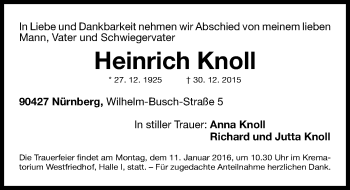 Traueranzeige von Heinrich Knoll von Gesamtausgabe Nürnberger Nachrichten/ Nürnberger Ztg.