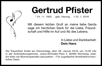 Traueranzeige von Gertrud Pfister von Gesamtausgabe Nürnberger Nachrichten/ Nürnberger Ztg.