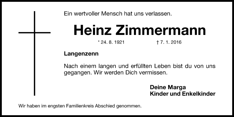 Traueranzeige für Heinz Zimmermann vom 16.01.2016 aus Fürther Nachrichten Lokal