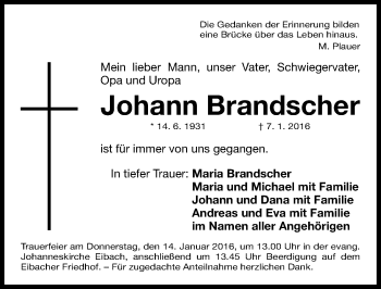 Traueranzeige von Johann Brandscher von Gesamtausgabe Nürnberger Nachrichten/ Nürnberger Ztg.