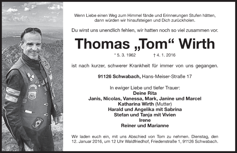  Traueranzeige für Thomas Wirth vom 09.01.2016 aus Schwabach