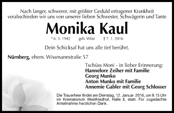 Traueranzeige von Monika Kaul von Gesamtausgabe Nürnberger Nachrichten/ Nürnberger Ztg.