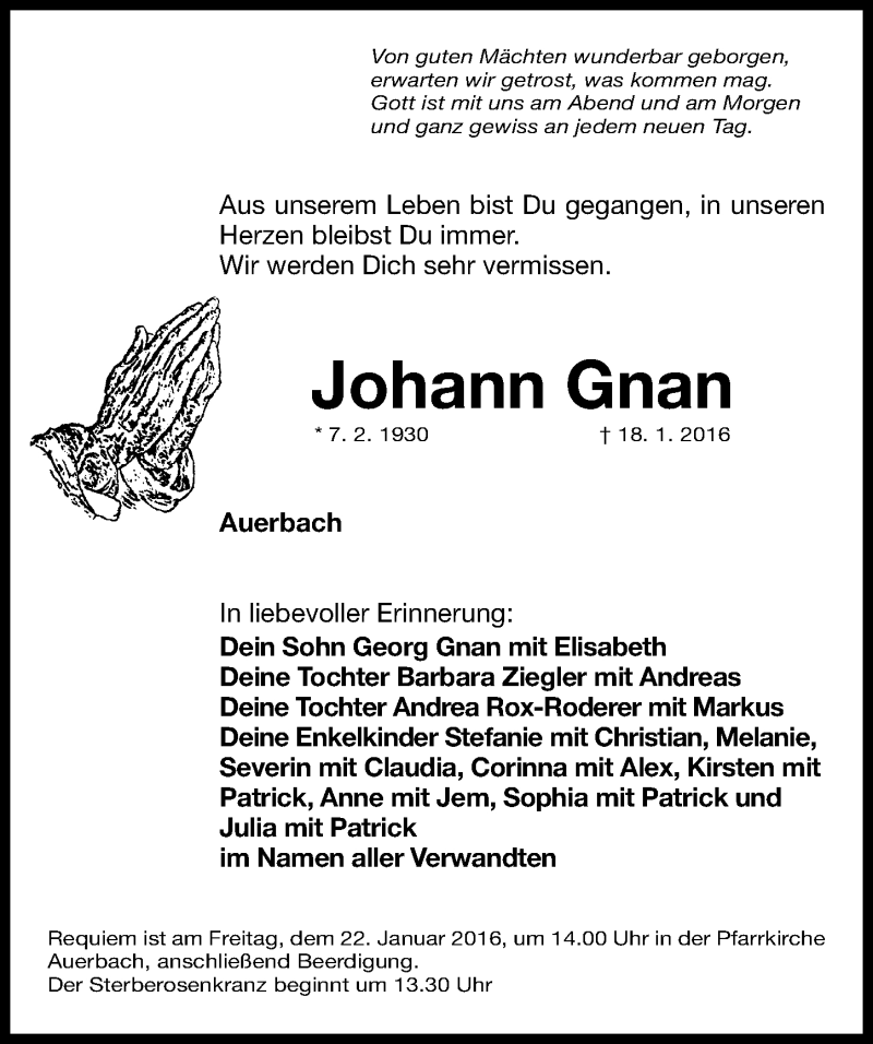  Traueranzeige für Johann Gnan vom 19.01.2016 aus Nordbayerische Nachrichten Pegnitz Lokal