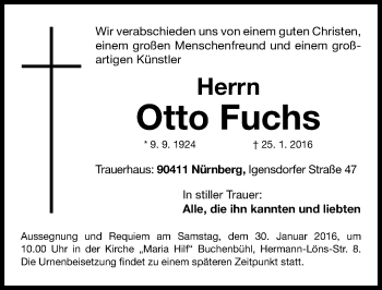 Traueranzeige von Otto Fuchs von Gesamtausgabe Nürnberger Nachrichten/ Nürnberger Ztg.