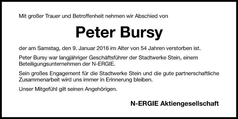  Traueranzeige für Peter Bursy vom 16.01.2016 aus Gesamtausgabe Nürnberger Nachrichten/ Nürnberger Ztg.