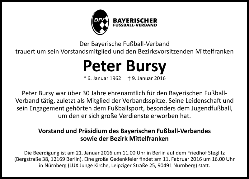  Traueranzeige für Peter Bursy vom 16.01.2016 aus Gesamtausgabe Nürnberger Nachrichten/ Nürnberger Ztg.