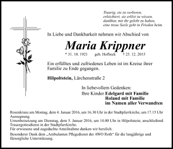 Traueranzeige von Maria Krippner von Roth-Hilpoltsteiner Volkszeitung Lokal
