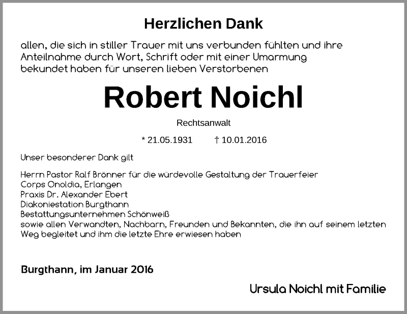  Traueranzeige für Robert Noichl vom 23.01.2016 aus Gesamtausgabe Nürnberger Nachrichten/ Nürnberger Ztg.