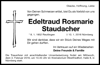Traueranzeige von Edeltraud Rosmarie Staudacher von Gesamtausgabe Nürnberger Nachrichten/ Nürnberger Ztg.