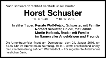 Traueranzeige von Horst Schuster von Fürther Nachrichten Lokal