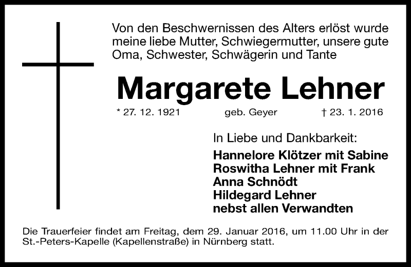 Traueranzeige für Margarete Lehner vom 27.01.2016 aus Gesamtausgabe Nürnberger Nachrichten/ Nürnberger Ztg.