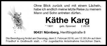 Traueranzeige von Käthe Karg von Gesamtausgabe Nürnberger Nachrichten/ Nürnberger Ztg.