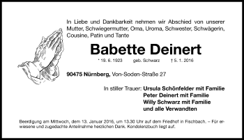Traueranzeige von Babette Deinert von Gesamtausgabe Nürnberger Nachrichten/ Nürnberger Ztg.