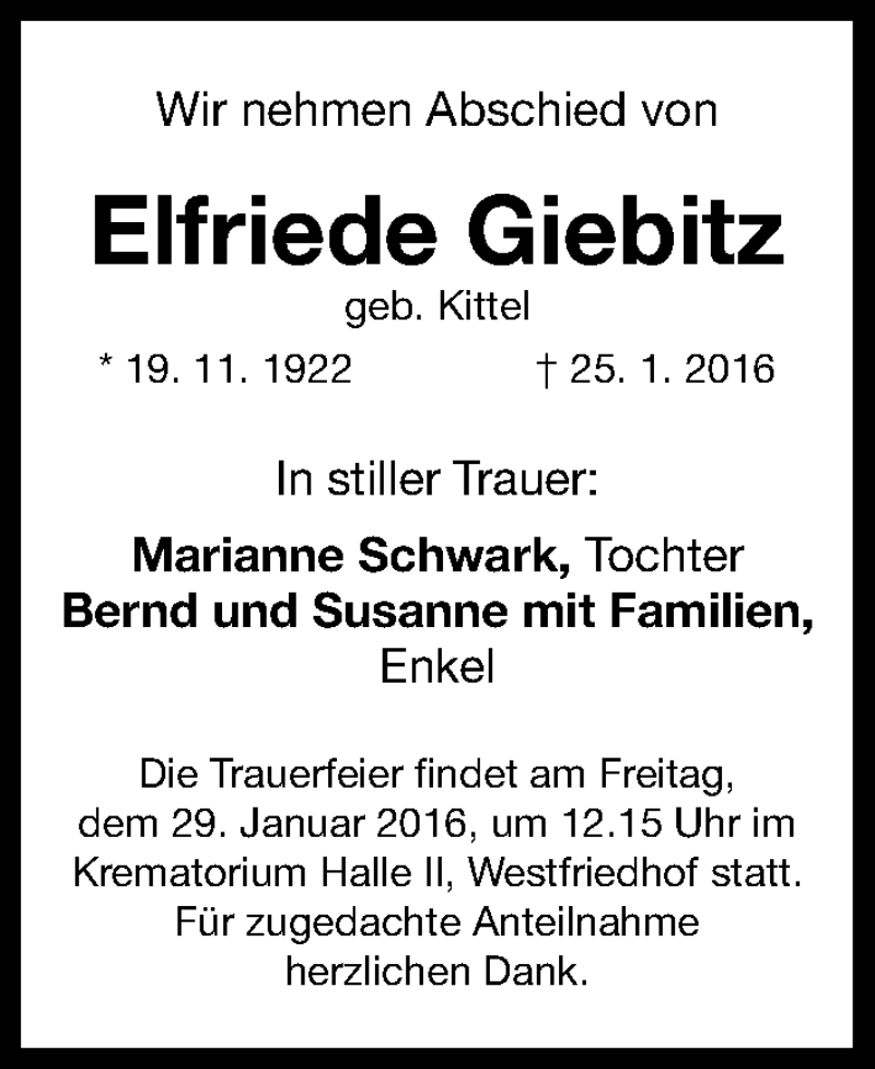  Traueranzeige für Elfriede Giebitz vom 27.01.2016 aus Gesamtausgabe Nürnberger Nachrichten/ Nürnberger Ztg.