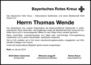 Traueranzeige von Thomas Wende von Roth-Hilpoltsteiner Volkszeitung Lokal
