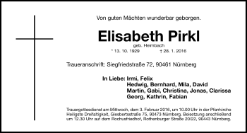 Traueranzeige von Elisabeth Pirkl von Gesamtausgabe Nürnberger Nachrichten/ Nürnberger Ztg.