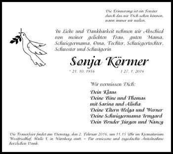 Traueranzeige von Sonja Körmer von Gesamtausgabe Nürnberger Nachrichten/ Nürnberger Ztg.