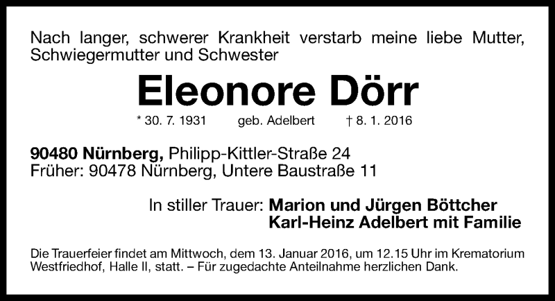  Traueranzeige für Eleonore Dörr vom 12.01.2016 aus Gesamtausgabe Nürnberger Nachrichten/ Nürnberger Ztg.