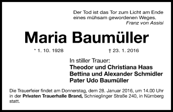 Traueranzeige von Maria Baumüller von Gesamtausgabe Nürnberger Nachrichten/ Nürnberger Ztg.