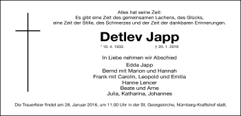 Traueranzeige von Detlev Japp von Gesamtausgabe Nürnberger Nachrichten/ Nürnberger Ztg.