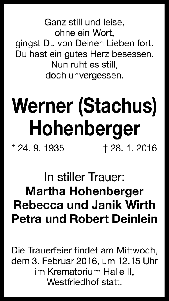  Traueranzeige für Werner Hohenberger vom 01.02.2016 aus Gesamtausgabe Nürnberger Nachrichten/ Nürnberger Ztg.