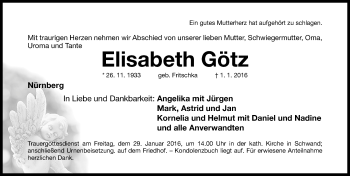 Traueranzeige von Elisabeth Götz von Gesamtausgabe Nürnberger Nachrichten/ Nürnberger Ztg.