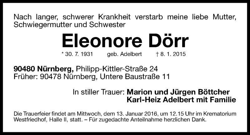  Traueranzeige für Eleonore Dörr vom 09.01.2016 aus Gesamtausgabe Nürnberger Nachrichten/ Nürnberger Ztg.