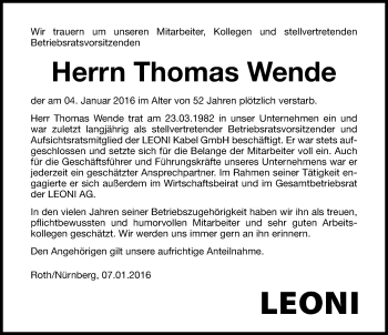 Traueranzeige von Thomas Wende von Roth-Hilpoltsteiner Volkszeitung Lokal