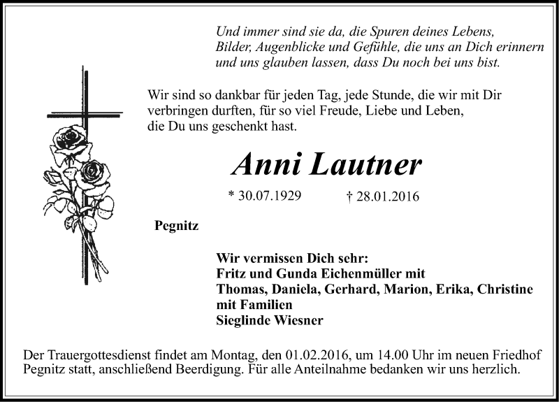  Traueranzeige für Anni Lautner vom 30.01.2016 aus Nordbayerische Nachrichten Pegnitz Lokal