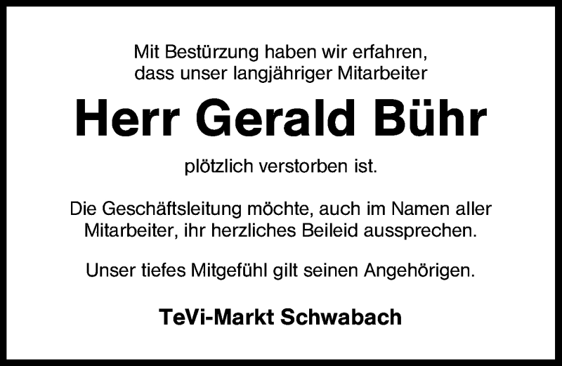  Traueranzeige für Gerald Bühr vom 09.01.2016 aus Schwabach