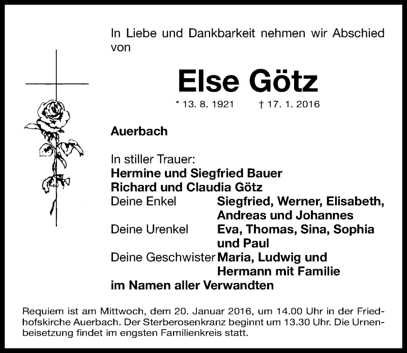  Traueranzeige für Else Götz vom 18.01.2016 aus Nordbayerische Nachrichten Pegnitz Lokal