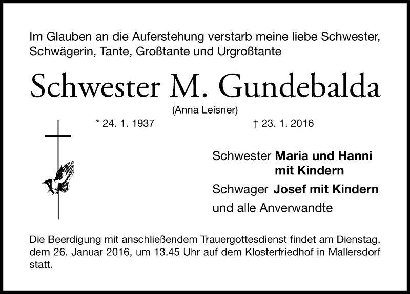 Traueranzeige für Schwester M. Gundebalda vom 25.01.2016 aus Nordbayerische Nachrichten Forchheim Lokal