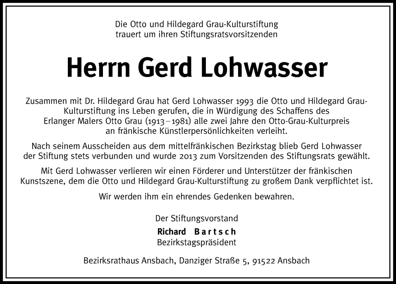  Traueranzeige für Gerd Lohwasser vom 12.01.2016 aus Gesamtausgabe Nürnberger Nachrichten/ Nürnberger Ztg.