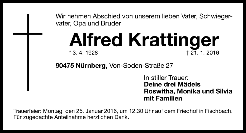  Traueranzeige für Alfred Krattinger vom 23.01.2016 aus Gesamtausgabe Nürnberger Nachrichten/ Nürnberger Ztg.