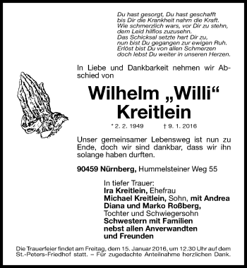 Traueranzeige von Willhelm Kreitlein von Gesamtausgabe Nürnberger Nachrichten/ Nürnberger Ztg.