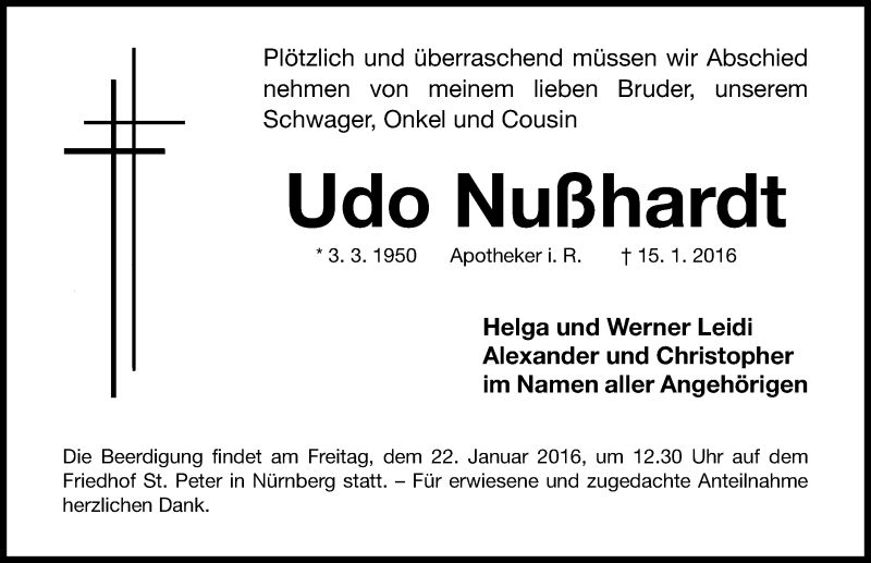  Traueranzeige für Udo Nußhardt vom 18.01.2016 aus Gesamtausgabe Nürnberger Nachrichten/ Nürnberger Ztg.