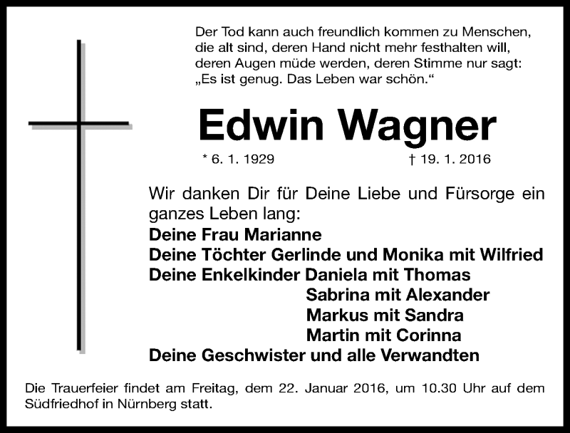  Traueranzeige für Edwin Wagner vom 20.01.2016 aus Gesamtausgabe Nürnberger Nachrichten/ Nürnberger Ztg.