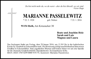 Traueranzeige von Marianne Passelewitz von Roth-Hilpoltsteiner Volkszeitung Lokal