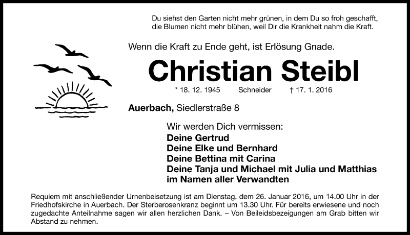 Traueranzeige für Christian Steibl vom 21.01.2016 aus Nordbayerische Nachrichten Pegnitz Lokal