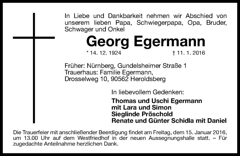  Traueranzeige für Georg Egermann vom 13.01.2016 aus Gesamtausgabe Nürnberger Nachrichten/ Nürnberger Ztg.