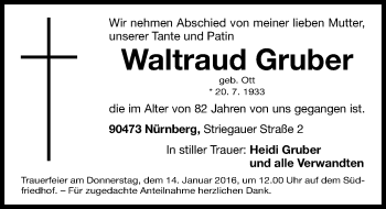 Traueranzeige von Waltraud Gruber von Gesamtausgabe Nürnberger Nachrichten/ Nürnberger Ztg.