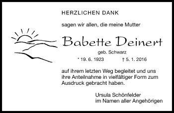 Traueranzeige von Babette Deinert von Gesamtausgabe Nürnberger Nachrichten/ Nürnberger Ztg.