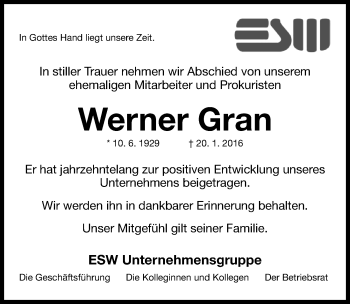 Traueranzeige von Werner Gran von Fürther Nachrichten Lokal
