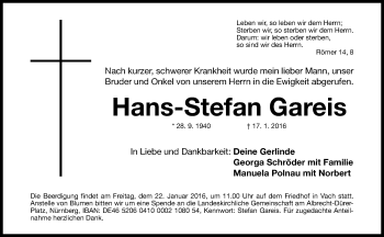 Traueranzeige von Hans-Stefan Gareis von Gesamtausgabe Nürnberger Nachrichten/ Nürnberger Ztg.