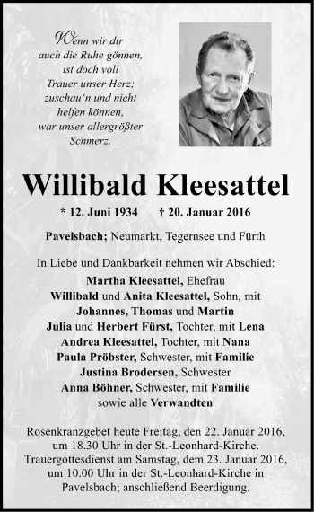 Traueranzeige von Willibald Kleesattel von Neumarkter Nachrichten Lokal