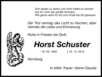 Traueranzeige von Horst Schuster von Gesamtausgabe Nürnberger Nachrichten/ Nürnberger Ztg.