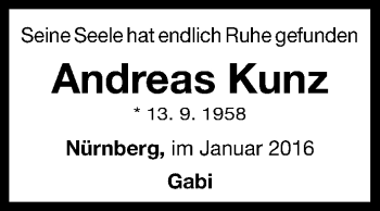 Traueranzeige von Andreas Kunz von Gesamtausgabe Nürnberger Nachrichten/ Nürnberger Ztg.